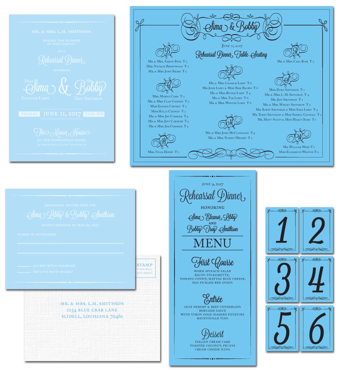 Blue White Rehearsal Dinner Invitations RSVPs Menu Seating Chart Table Numbers